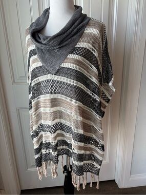 NWT Democracy Open Knit Fringe Poncho - Black, White & Taupe
